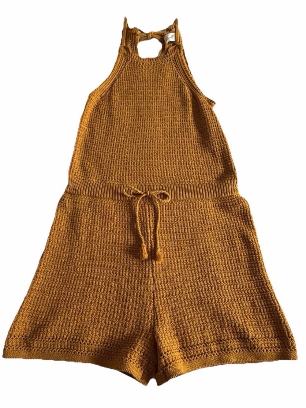 Universal Thread Romper Womens M Mustard Crochet Halter Drawstring Festival Boho